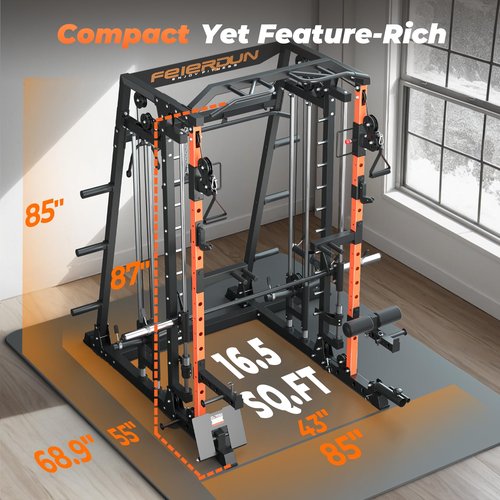 FEIERDUN Smith Machine Deadlift Power Cage FOR01,2200lbs Squat Rack for Home Gym,Dual LAT Pull Down & Cable Crossover Machine with Leg Hold-Down Attachment