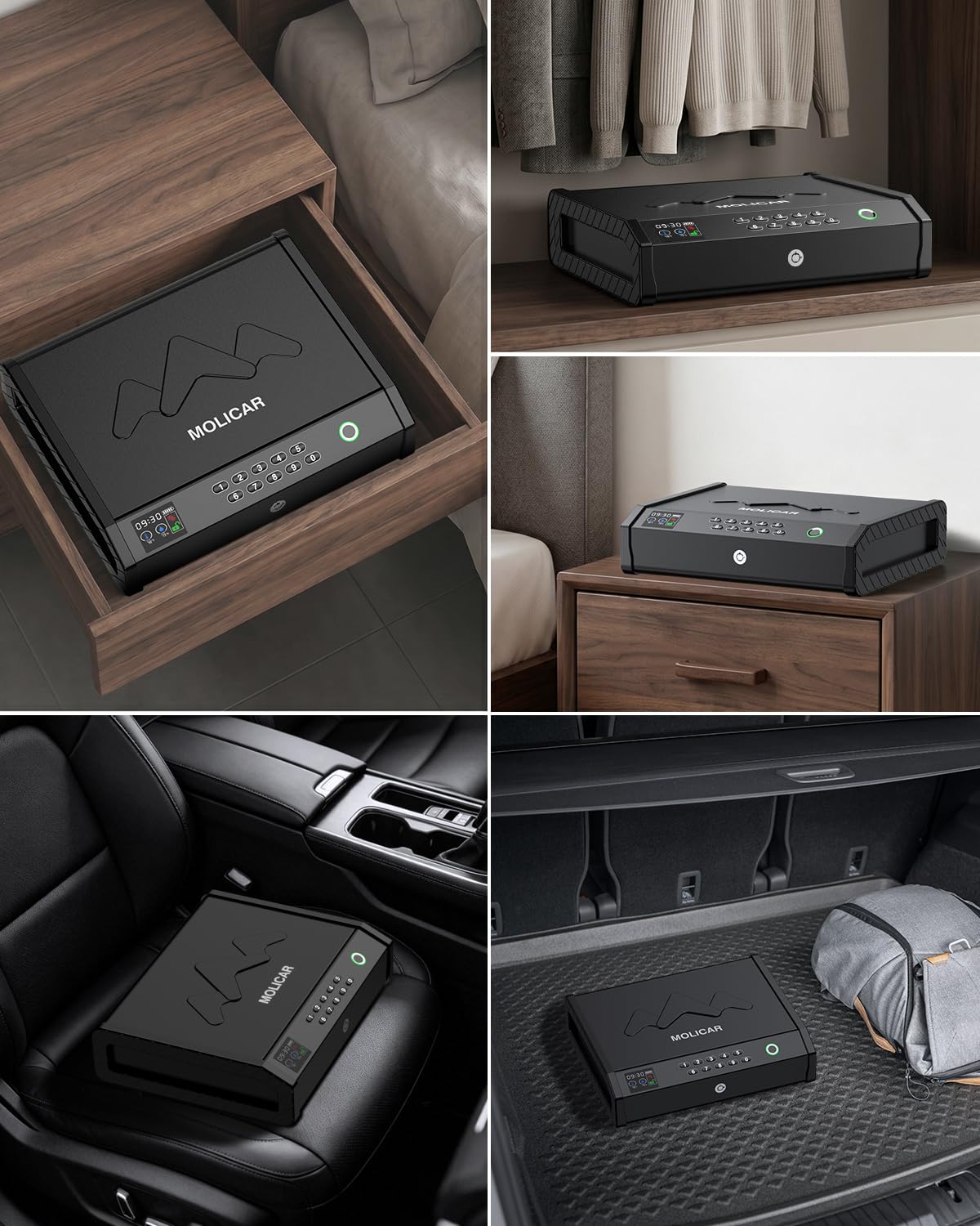 MOLICAR Gun Safe, Biometric Gun Safes for Handgun with LCD of Temp Humidity Battery, USB-C Port, Fingerprint Quick Access Pistol Safe for Home Bedside Nightstand Car