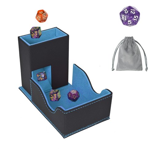 Stepane Dice Tower and Tray, Portable Commander Deck Box, Foldable Dice Storage Box for Dungeons and Dragons Rolling Tray Black/Blue