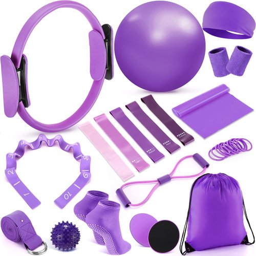Poen 18 Pcs Pilates Ring Circle Set for Women Yoga Sets with Pilates Ring Circle Ball 5 Resistance Band Stretching Strap Non Slip Socks Ball Core Sliders Wristbands Headband Gym Bag(Purple)