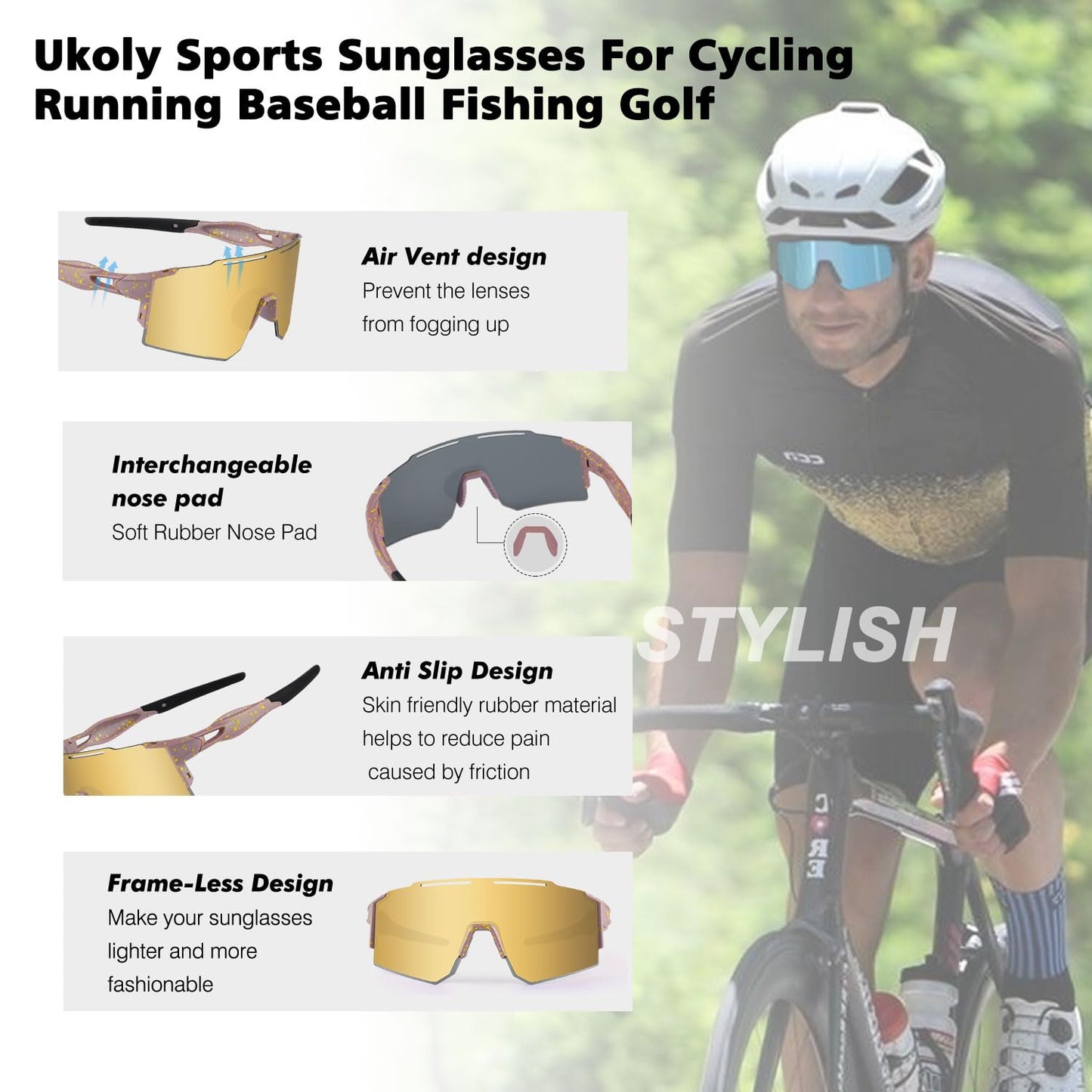 Ukoly Cycling Sunglasses for Men Women with Interchangeable nosepad, Polarized Sports Sunglasses, Baseball Sun glasses 550A XGP