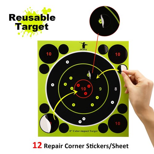 GearOZ 3 Colors Splatter Shooting Target Paper, 30 Sheets 8" Instant Shoot See Target with Red Bullseye, Self Adhesive Paper for Shooting Range & Practice, Airsoft, Pellet Gun, Rifles, BB Gun