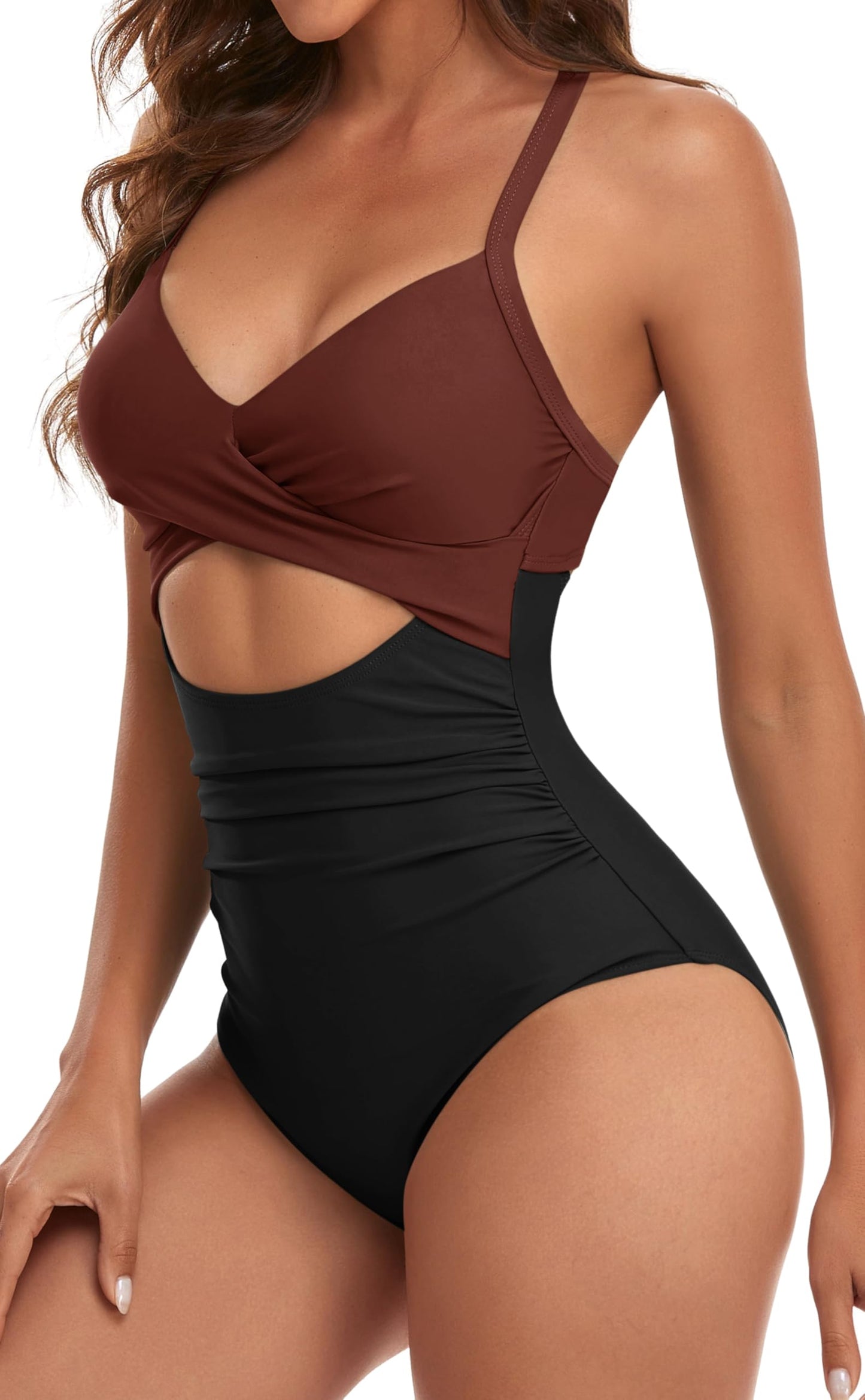 Eomenie Women's One Piece Swimsuits Tummy Control Cutout High Waisted Bathing Suit Wrap Tie Back 1 Piece Swimsuit Caramel, Black