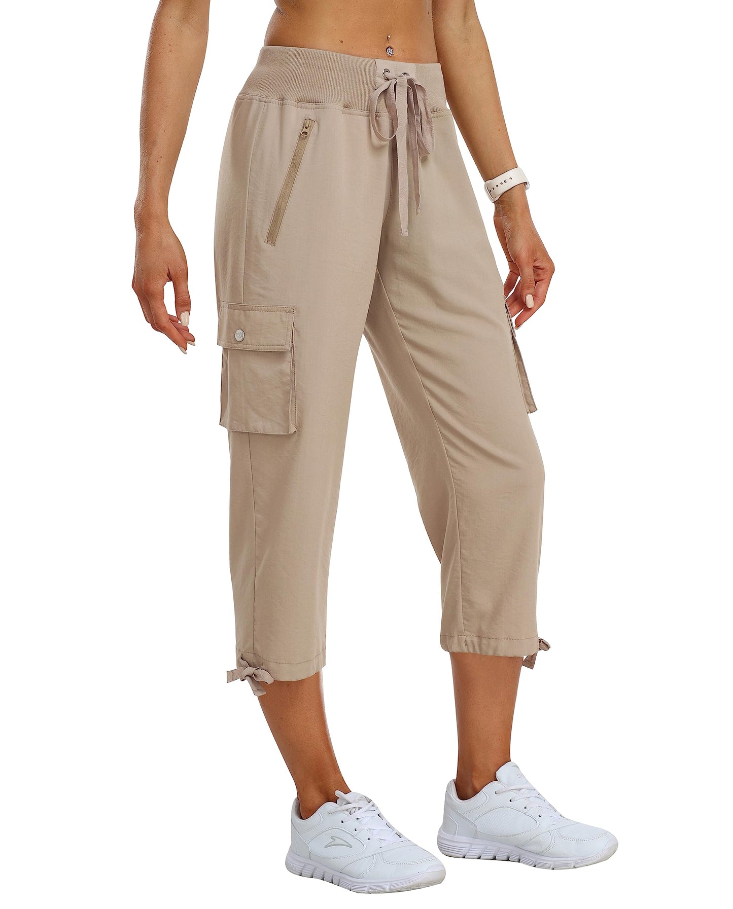 MoFiz Women's Hiking Capris Pants Lightweight Quick Dry Running Athletic Casual Outdoor Cargo Pants for Women Zipper Pockets Khaki XS