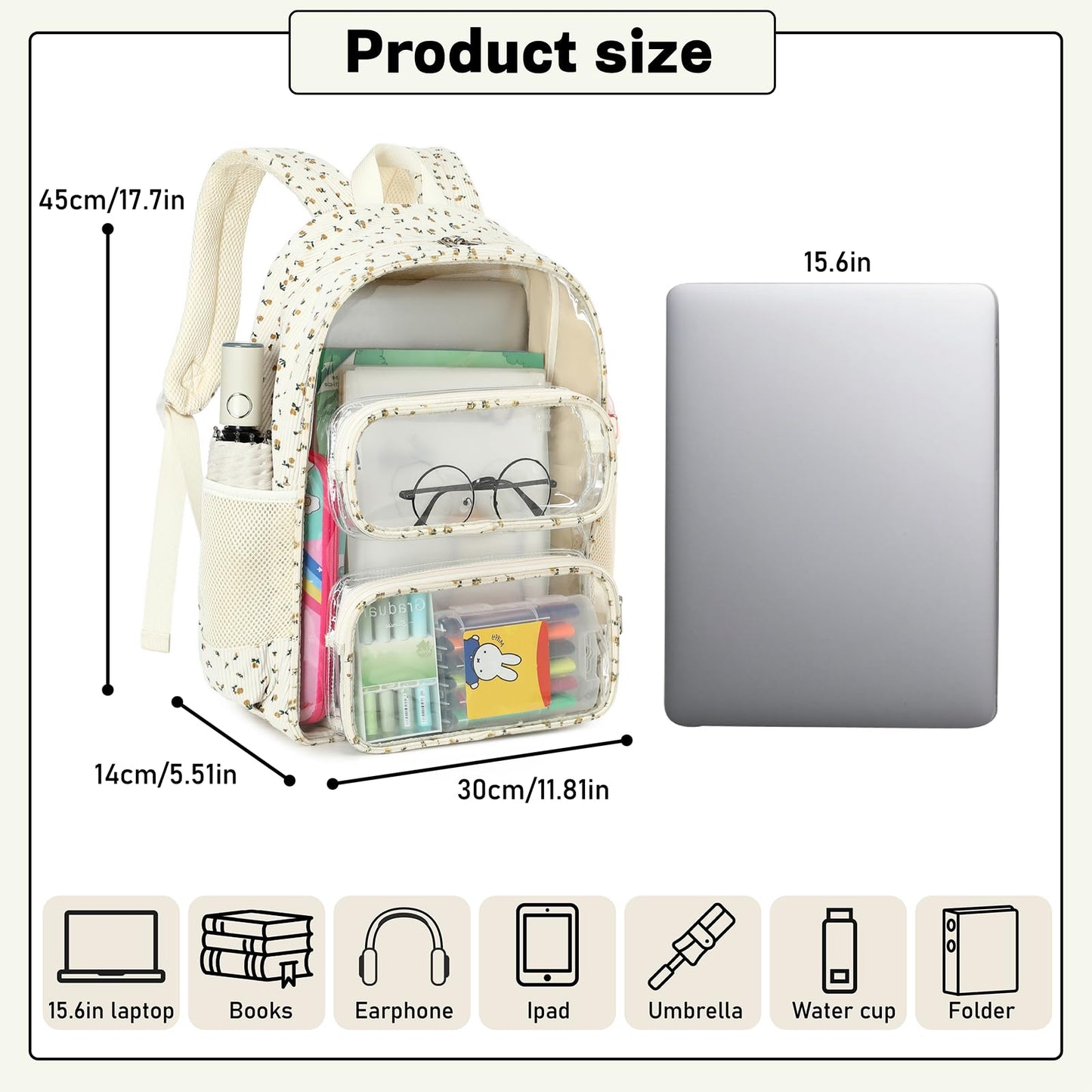 CAMTOP Clear Backpack Heavy Duty Transparent Bag See Through BookBag for Student School Work Festival Sport Travel (Beige Yellow Flowers)