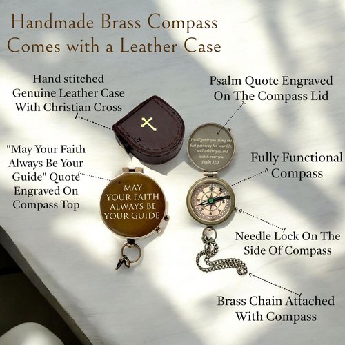 Compass Engraved 'May Your Faith Always Be Your Guide ~ Psalm 32:8' Brass Compass, Keepsake Gifting Compass, for Special Occasions | Direction Guide