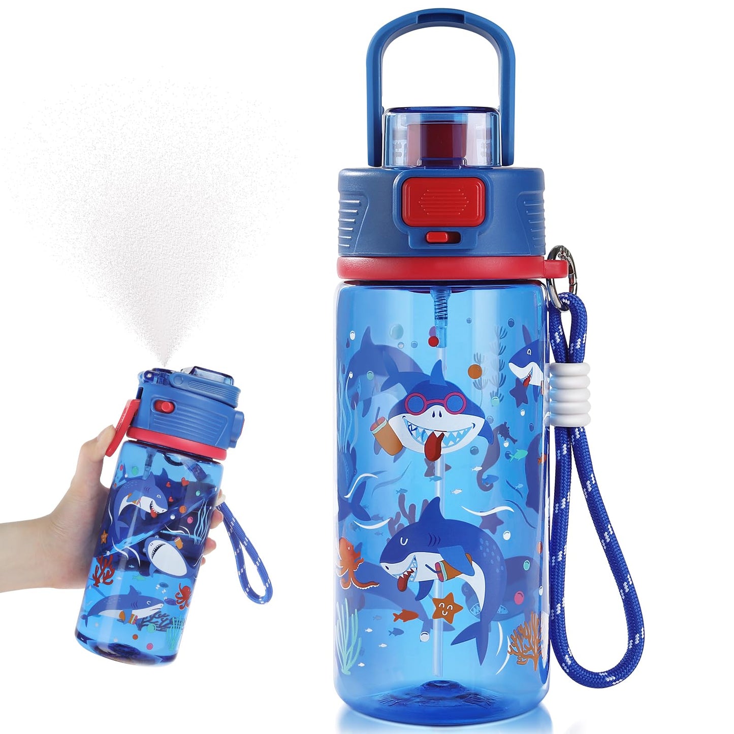 omedecal 20 oz 2-In-2 Mist and Sip Water Bottle for Kids, Shark