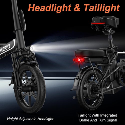 WERHY Electric Bike for Adults, 500W Motor, 22 MPH Max Speed Folding Ebike, 499.2/748.8Wh Battery, 14" Electric Bicycles, Max 35/55 Miles Range (Pedal Assist Mode), Mini E Bikes (499.2WH-22Mph)