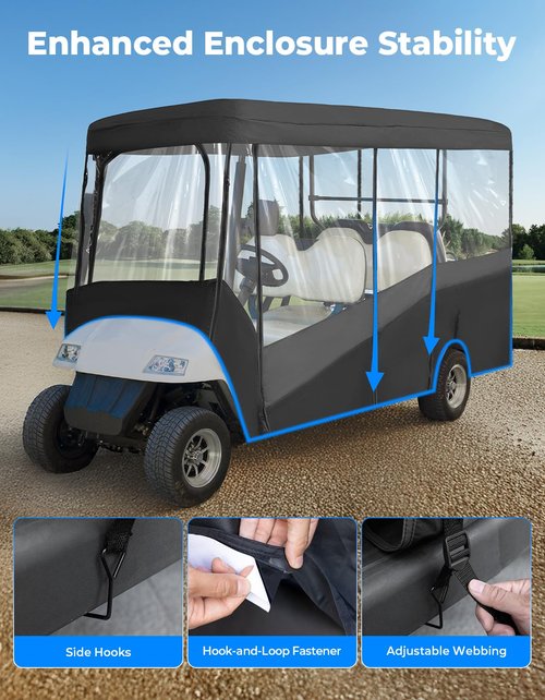 KEMIMOTO Golf Cart Enclosure, 6 Passenger Golf Cart Rain Cover, 600D Waterproof Driving Enclosure with Clear PVC Windshield for Extended Roof Golf