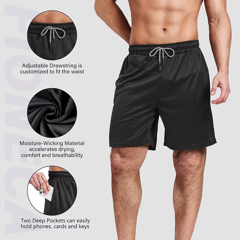 5-Pack 7-Inch Men’s Gym Shorts with Pockets - Quick-Dry, Moisture-Wicking, Drawstring