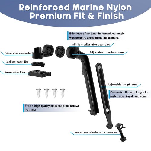 Universal Kayak Transducer Mount Arm Adjustable 9–14”, Tool-Free Installation Saltwater-Resistant, Compatible with Garmin Lowrance Humminbird Fish Finder
