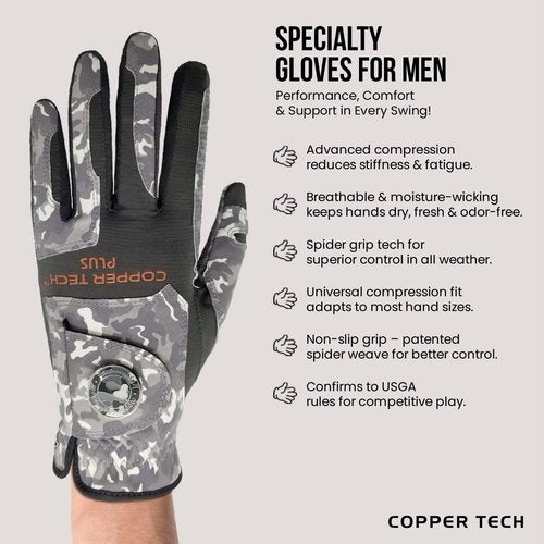 Copper Tech Plus Men's Left for Right Handed Golfers Golf Glove – Advanced Compression for Muscle Support, Joint Relief Gloves – Camo, 1 Pack, One Size Fits Most