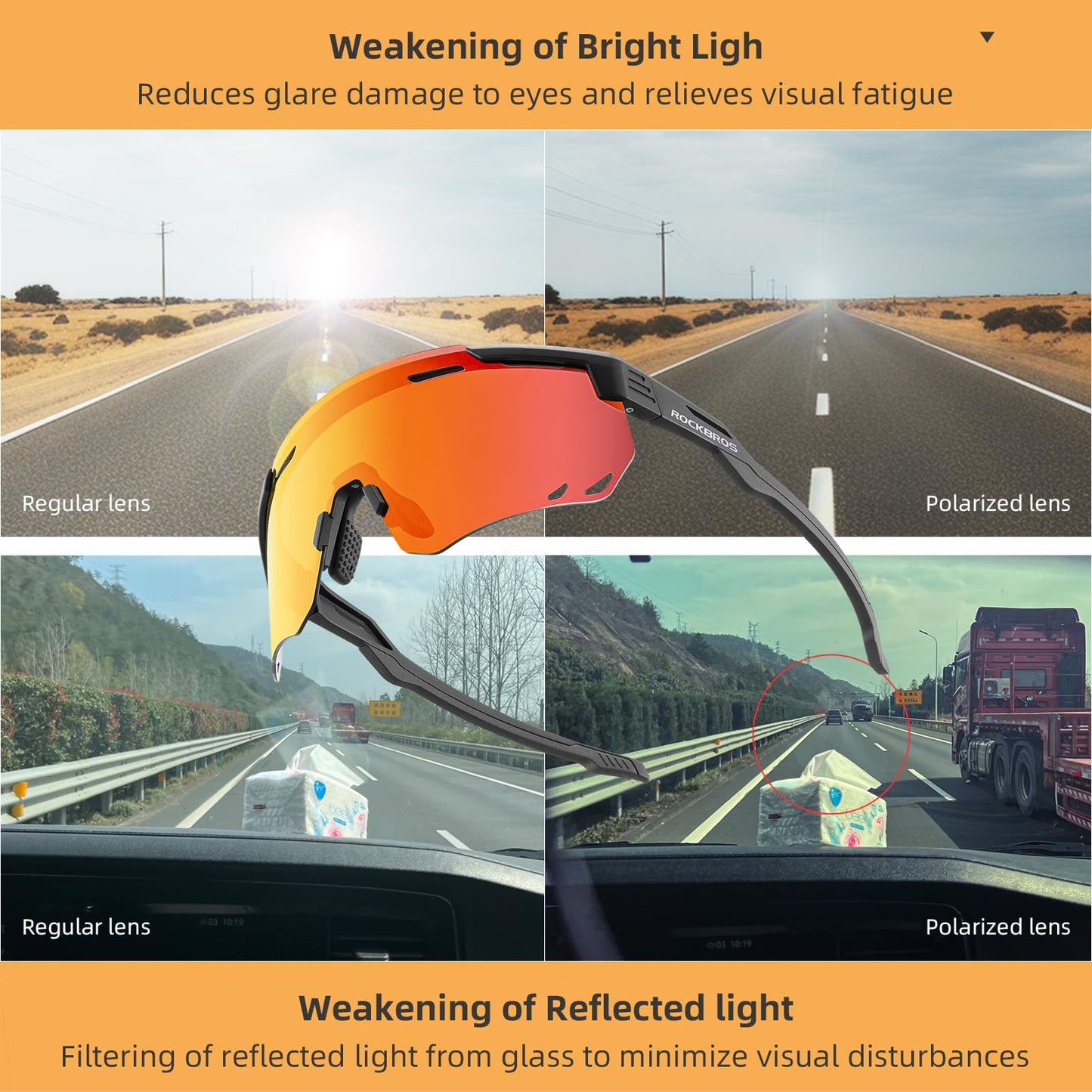 ROCKBROS Polarized Cycling Glasses, Sports Sunglasses for Men Woman