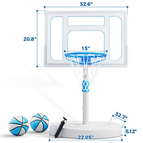 Skytime Pool Basketball Hoop, Rust-Proof 32" Portable Basketball Hoop Poolside, Height Adjustable Swimming Pool Basketball Goal Set with Fillable Base,2 Balls, Perfect for Swimming Pool & Home Play