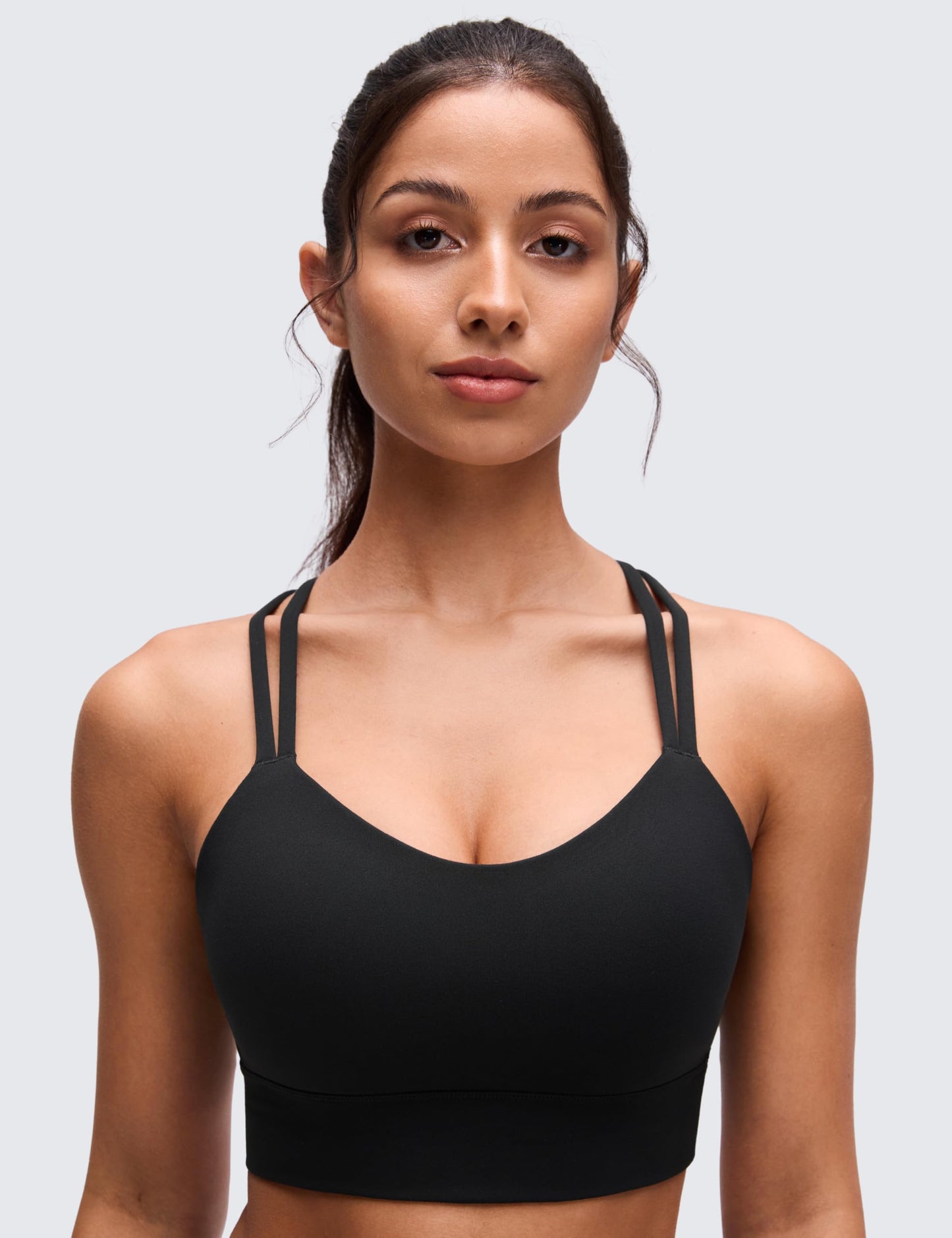 CRZ YOGA Softness Mold Butterluxe Strappy Longline Sports Bras for Women - Double Spaghetti Strap Workout Yoga Crop Top Black Large