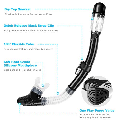 Snorkeling Gear for Adults, Dry Top Snorkel Set with Panoramic Anti-Leak and Anti-Fog Tempered Glass Lens, Adjustable Snorkeling Set for Scuba Diving Swimming Training Snorkel Kit