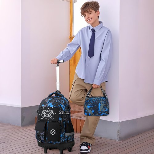 Scothen Rolling Backpack for Boys, Cool Luminous Gamer Roller School Backpacks for Boys with Lunch Bag and Pencil Pouch, Kids Backpack Bookbag with Wheels for Kindergarten Elementary Middle School