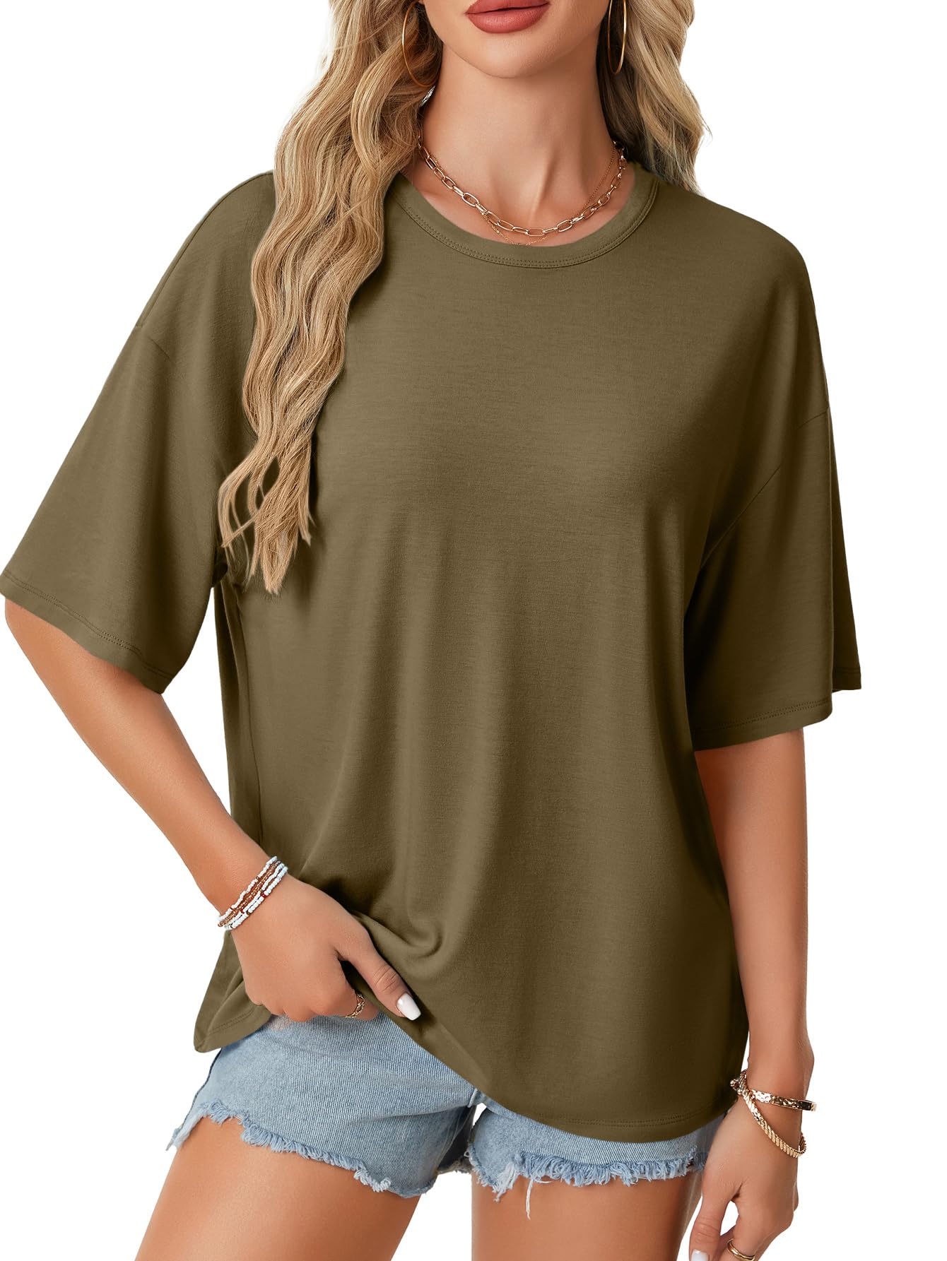 Rooscier Women's Open Back Workout Tops Oversized Backless Cut Out Half Sleeve Crew Neck Casual Y2k T Shirts Blouse