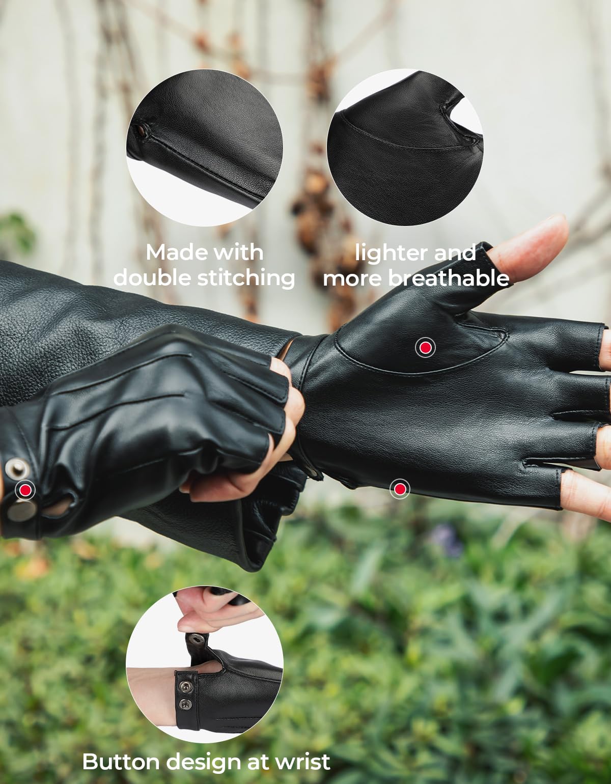 KEMIMOTO Leather Fingerless Driving Gloves for Men Women Teens, PU Faux Leather Half Finger Outdoor Sport Gloves, Black, Breathable Motorcycle Riding Gloves
