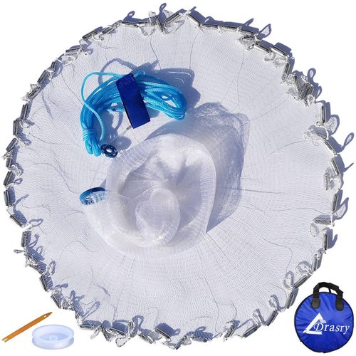 Drasry Saltwater American Fishing Cast Net 3/8inch Mesh Size for Bait Shrimp Trap Fish Heavy Duty Sinkers Throw Net 3FT to 12FT Radius 4FT Radius