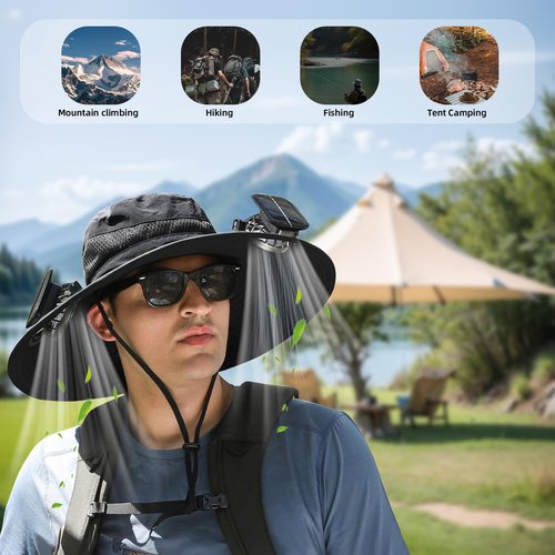 Wide Brim Solar/USB Rechargeable Fan Hat - Adjustable Cooling Sun Hat for Men & Women, Outdoor Fishing Gardening Hats Additional Sunglasses