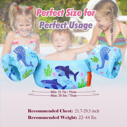 HeySplash Swim Vest for Kids, Toddler Pool Floaties Fit 22-44 Lbs, Children Swimming Vest with Adjustable Strap, Swim Jacket Water Wings Arm, Puddle Sea Beach Boat Jumper Boy Girl Age 1-6, Blue Shark