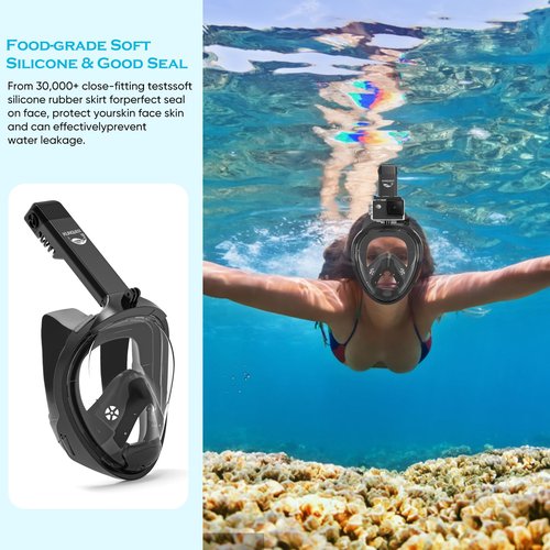 KUNQUEST Full Face Snorkel Mask, Snorkeling Gear for Adults with 180° Anti-Fog HD View and Detachable Camera Mount, Anti-Leak Snorkel Mask Adult Youth(Black, L/XL)