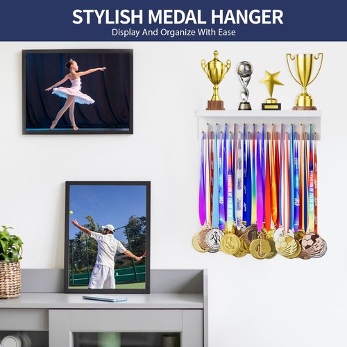 DSVENROLY Medal Holder Display Trophy Shelf Organizer, Sturdy Wooden Medal Hanger Rack with 25 Steel Hooks, Wall Mount Awards Race Storage Stand for Sports Fans, Cheer Success（White Golden Hooks）