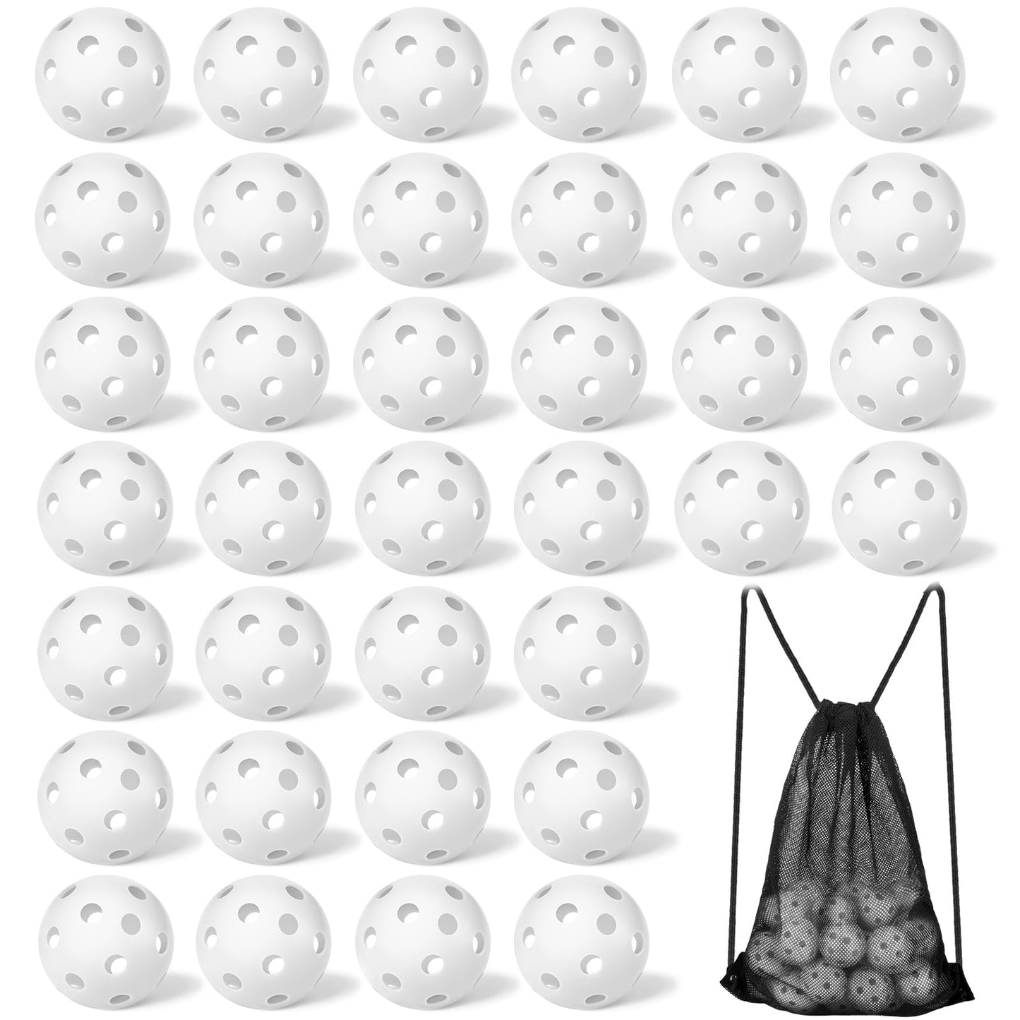 Tanlade 36 Pack Baseball Practice Balls Plastic Training Balls Lightweight Hollow Airflow Softballs with a Drawstring Bag for Hitting,Batting,Pitching, 2.91 in Indoor Outdoor Use Gift(White)