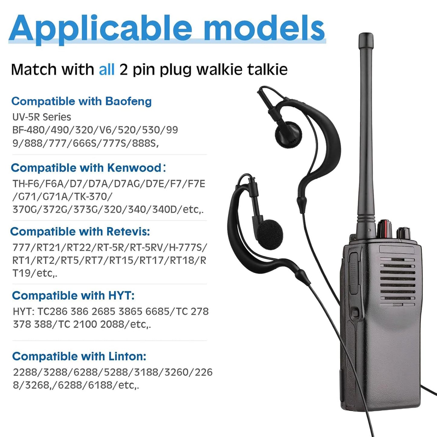 20 Pairs Walkie Talkie Earpiece with Mic 2 Pin Two Way Radio Ear Piece Microphone Earbud Bulk Single Wire Earhook Headset Compatible with Baofeng UV-5R BF-888S Arcshell Retevis H-777 RT21 RT22