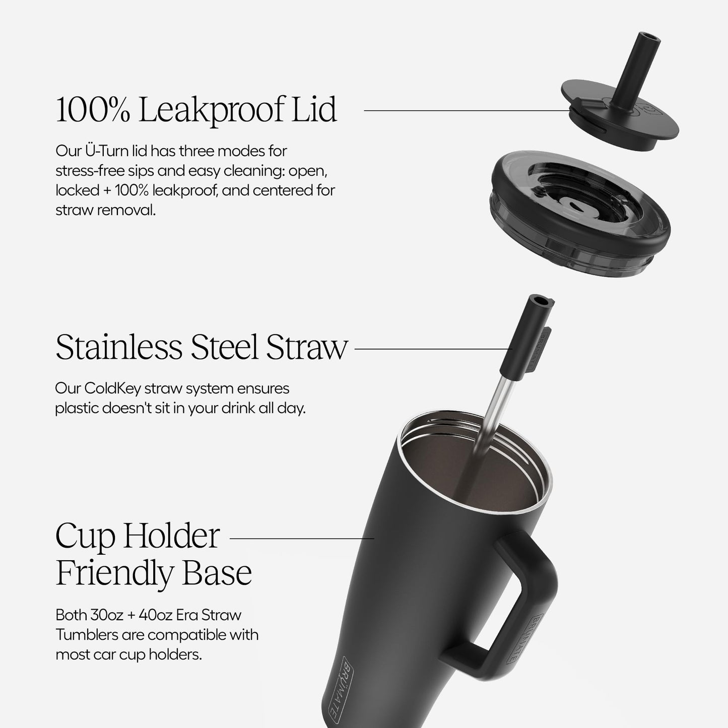 BrüMate Era 40 oz Tumbler with Handle and Straw | 100% Leakproof Insulated Water Bottle Tumbler with Lid and Flexible SoftSip Straw | Made of Stainless Steel | Cup Holder Friendly | 40oz (Matte Black)