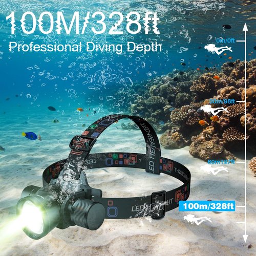HECLOUD 3000 Lumens Super Bright Diving Headlamp IP68 Waterproof Dive Flashlight Rechargeable Underwater Headlight with 3 Modes Perfect for Scuba, Night Snorkeling and Underwater Exploration