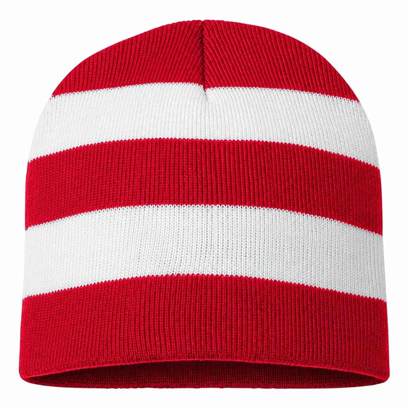 Unisex Striped Knit Beanie Hat - Red/White, One Size (Variation of THIS listing)