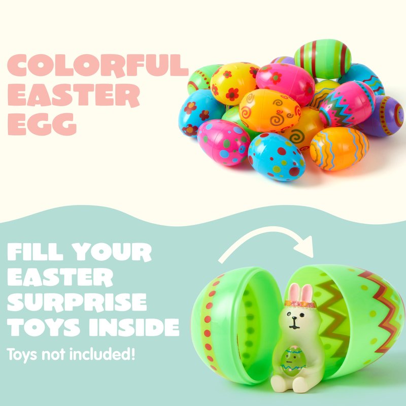 JOYIN Toy 36 PCs Plastic Printed Bright Easter Eggs, Over 3.15'' Tall Fillable Empty Eggs Bulks for Easter Hunt, Basket Stuffers Fillers, Classroom Prize Supplies, Filling Treats and Party Favor
