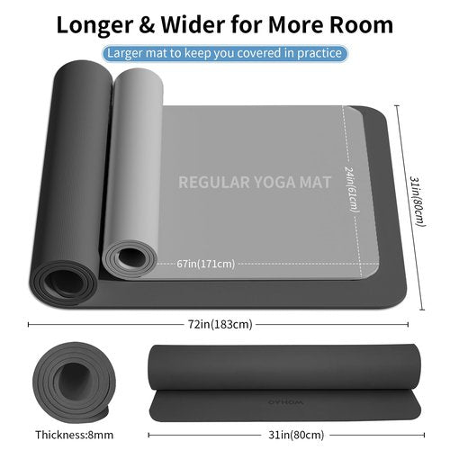 WOHAO 8mm Thick Non-Slip Yoga Mat - Large 72"x32", Eco-Friendly & Odorless with Carrying Strap, Extra Wide & Durable for Yoga, Pilates & Home Gym(Black)