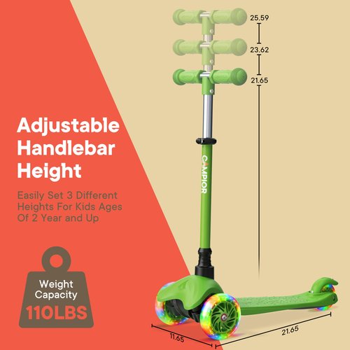 Campior Green Mini 3 Wheel Scooter for Kids ??Lean-to-Steer with LED Light-Up Wheels, Adjustable Handlebar, Wide Anti-Slip Deck, Smooth PU Wheels, Rear Foot Brake ??Toddler Scooter for Ages 2+