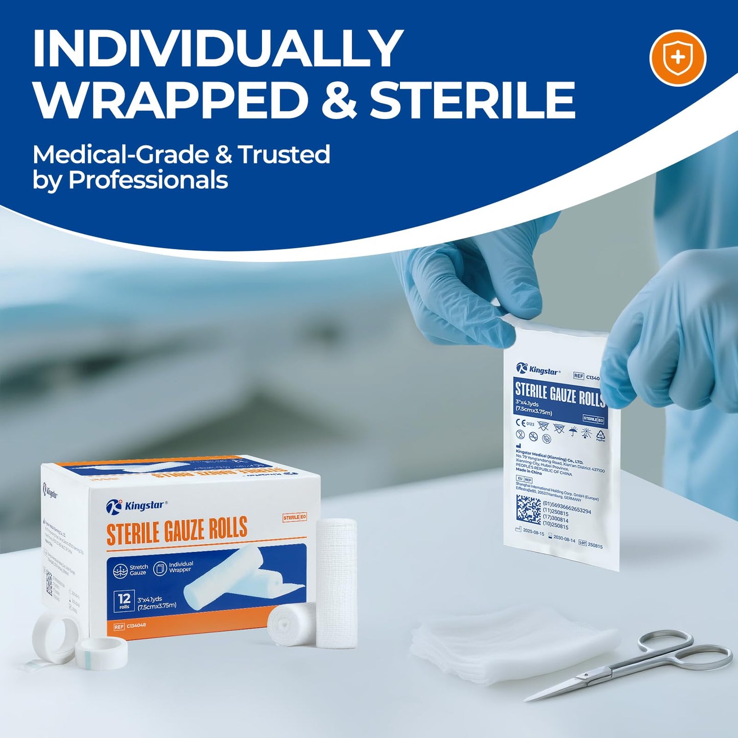 Sterile Gauze Rolls, 3in x 4.1 Yards, Conforming Stretch Gauze Bandage, Pack of 12, Firm Support for Dressings and Splints, Latex-Free First Aid Supplies Individually Wrapped with Bonus Tape