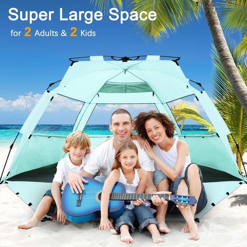 WhiteFang Deluxe XL Pop Up Beach Tent Sun Shade Shelter for 3-4 Person, UV Protection, Extendable Floor with 3 Ventilating Windows Plus Carrying Bag, Stakes, and Guy Lines (Mint Green)