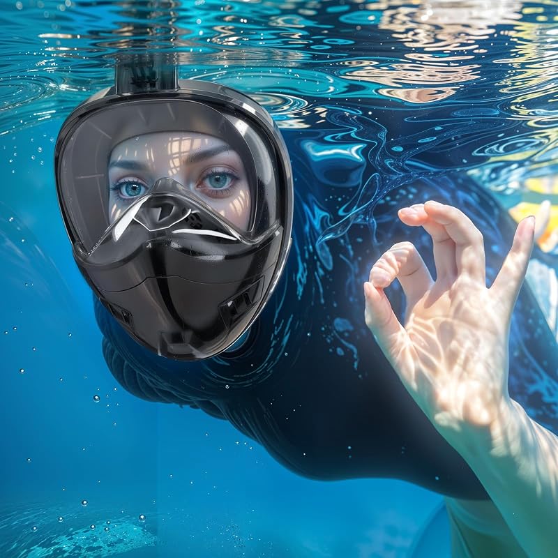 Full Face Snorkel Mask with 180° Panoramic View – Dry Top Breathing System, Detachable Camera Mount