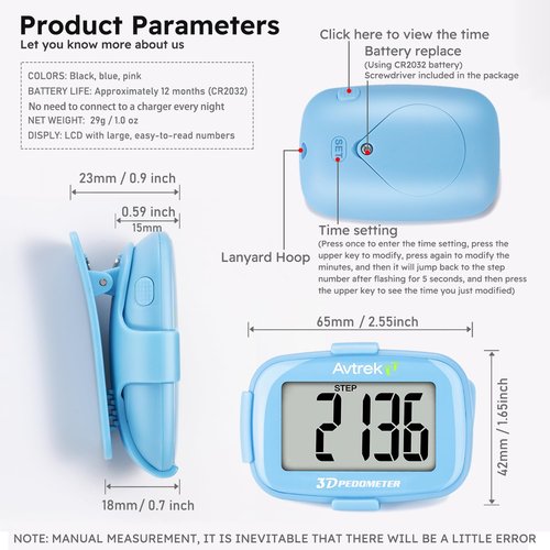 AVTREK 3D Step Counter Clip On with LED Backlight Pocket Pedometer for Walking Outdoor Activities Fitness Tracker Without Smartphone (Black)