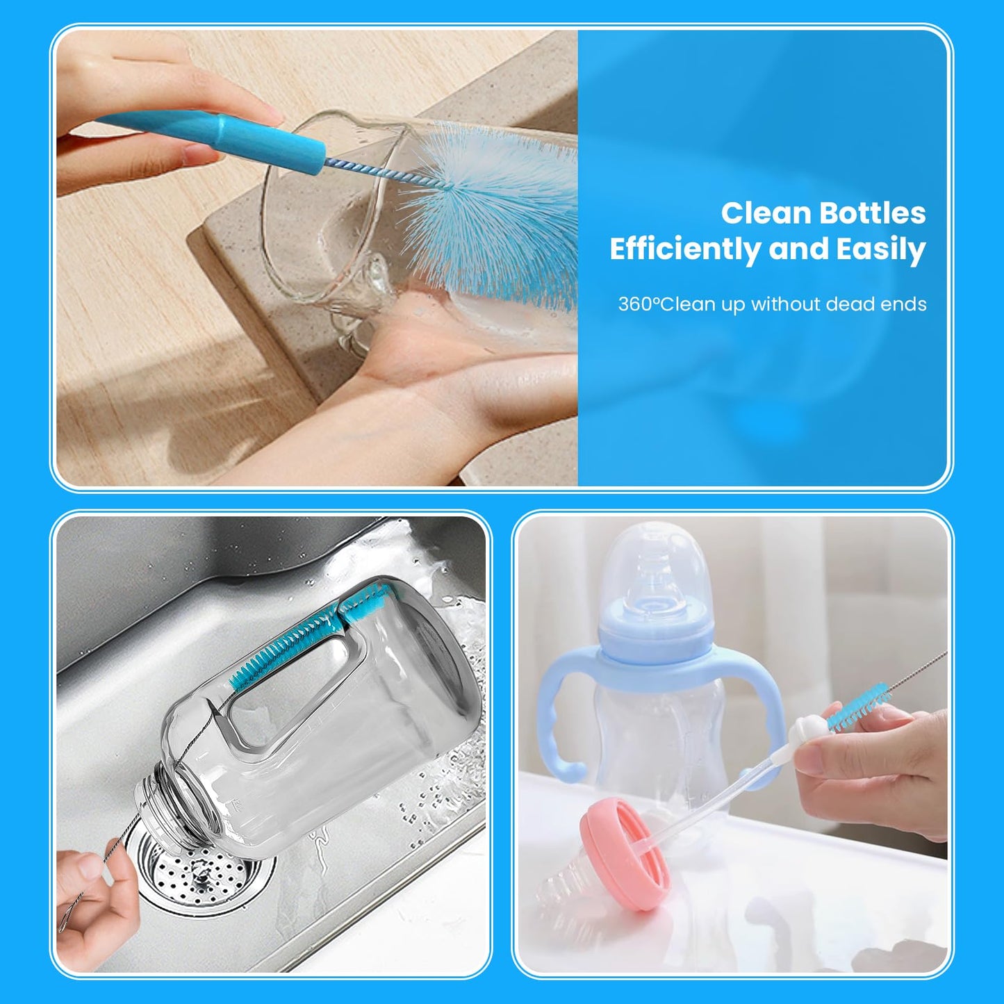 5 Pack Bottle Brush, Straw Cleaner Brush & Water Bottle Brush,15 in Stainless Steel Brush, Narrow Bottle Brush, 3 Straw Brushes, for Water Bottle, Coffee Mugs, Flasks, Glasses, Tumblers, Blue