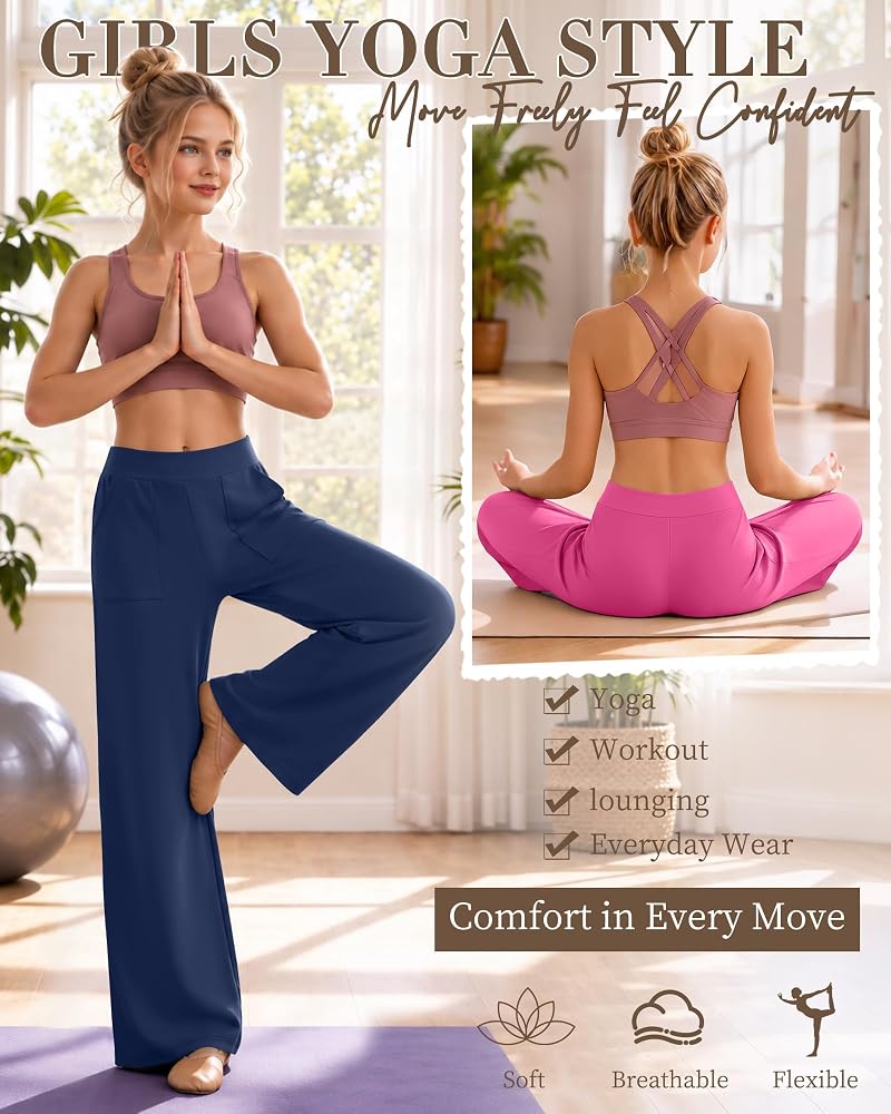 4 Pack Girls Wide Leg Lightweight Pants - Elastic Waist, Pockets, 5-14Y (Light Pink, Purple, Rose Pink, Haze Blue)