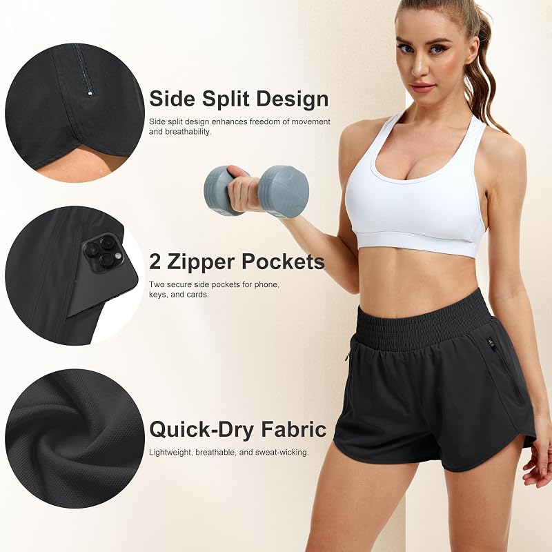 CE' CERDR 5 Pack Women’s High Waisted Running Shorts - Quick-Dry, 2 Zipper Pockets, Side Split