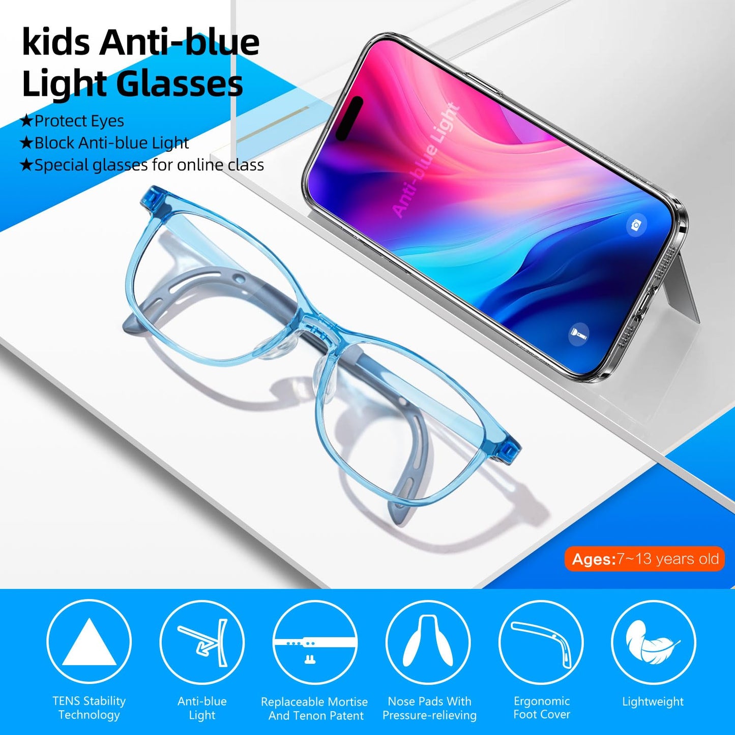 EYEBUDDY Kids Blue Light Blocking Glasses for Boys Girls, Computer Gaming Bluelight Glasses for Ages 3-10 (B02-Kids Blue Light Glasses-109Blue, Millimeters, Age7-13 | 55)