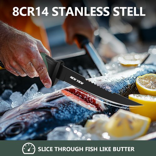 NEW VIEW Fillet Knife 7-Piece Corrosion-Resistant Stainless Steel Knife Set, 4 Fishing Knives Set with Non-Slip Handle, Sharpener, Storage Bag, Suitable for Freshwater and Saltwater