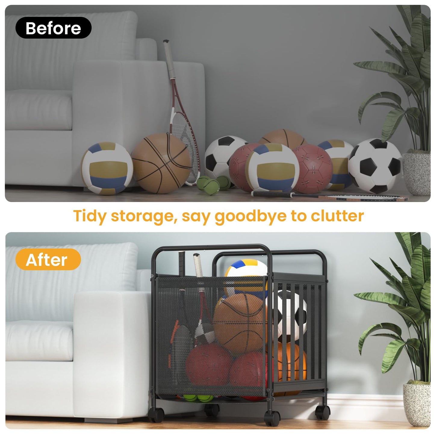 Ball Storage Bin Rolling Storage,Garage Sports Equipment Organizer,Outdoor Toy Box, Gym and Schools, Garage Organization,Can Store basketballs, Footballs and Sports Equipment.(Black)