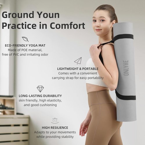 Extra Wide Yoga Mat 66cm & 8mm thick Exercise mat, Soft Lightweight POE Fitness Mat with strap, High Elasticity, Anti-fatigue for Women, Yoga, Camping, Travel, Gym & Outdoor | 72"x26" x0.31”(Gray)