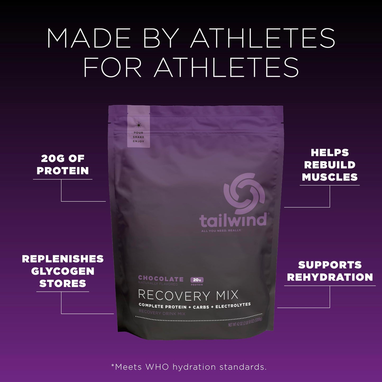 Tailwind Nutrition Recovery Mix, 20 Grams Complete Protein, Carbohydrates, and Electrolytes Powder Drink Mix for Post-Workout, Free of Gluten, Soy, and Dairy, Vegan, 20 Servings, Chocolate