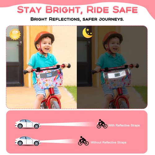 YOKWER Kids Bike Basket Front for Boys Girls, Waterproof Bicycle Front Basket Handlebar Bag with Reflective Safety Straps, Easy to Install Kids Bike Scooter Accessories (Pink Flower)