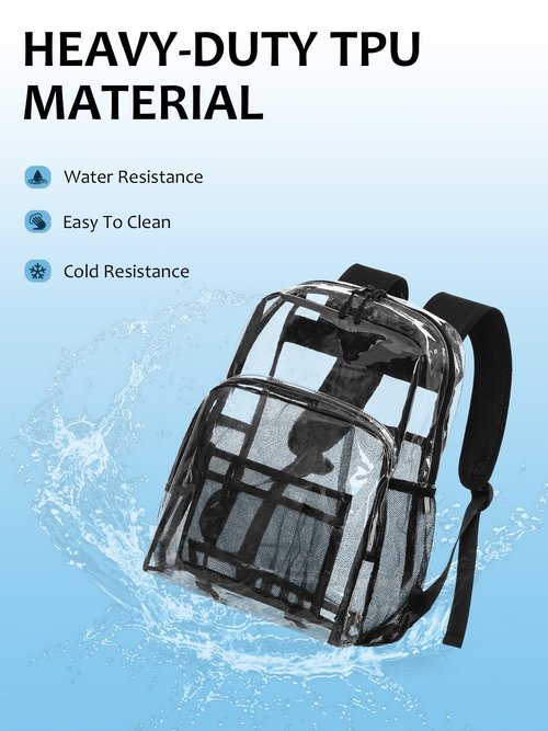 Flowston Clear Backpack Heavy Duty, 17 Inch Large TPU Clear Bookbag for Boys Girls Adult, See Through Book Bag Transparent Backpacks with Multiple Pockets for School College Work Casual Sport, Black